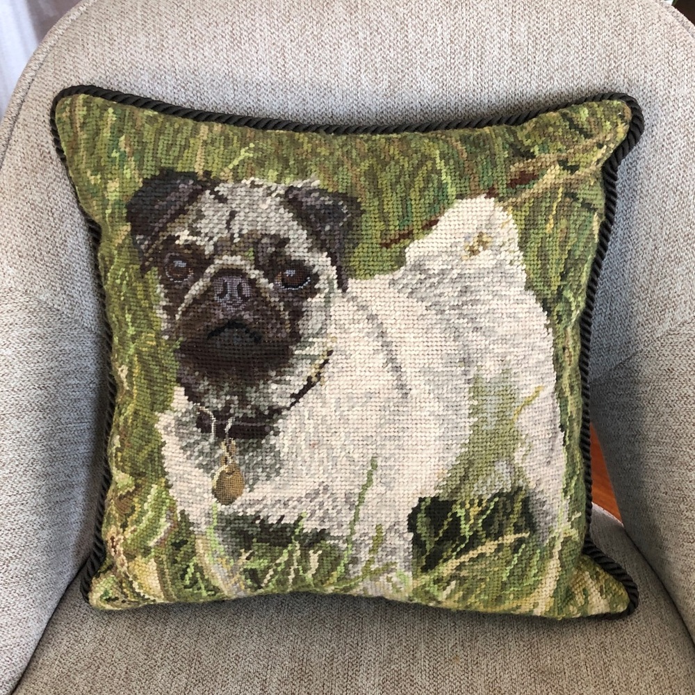 Handmade Pug Needlepoint Throw Pillow in Green and Cream